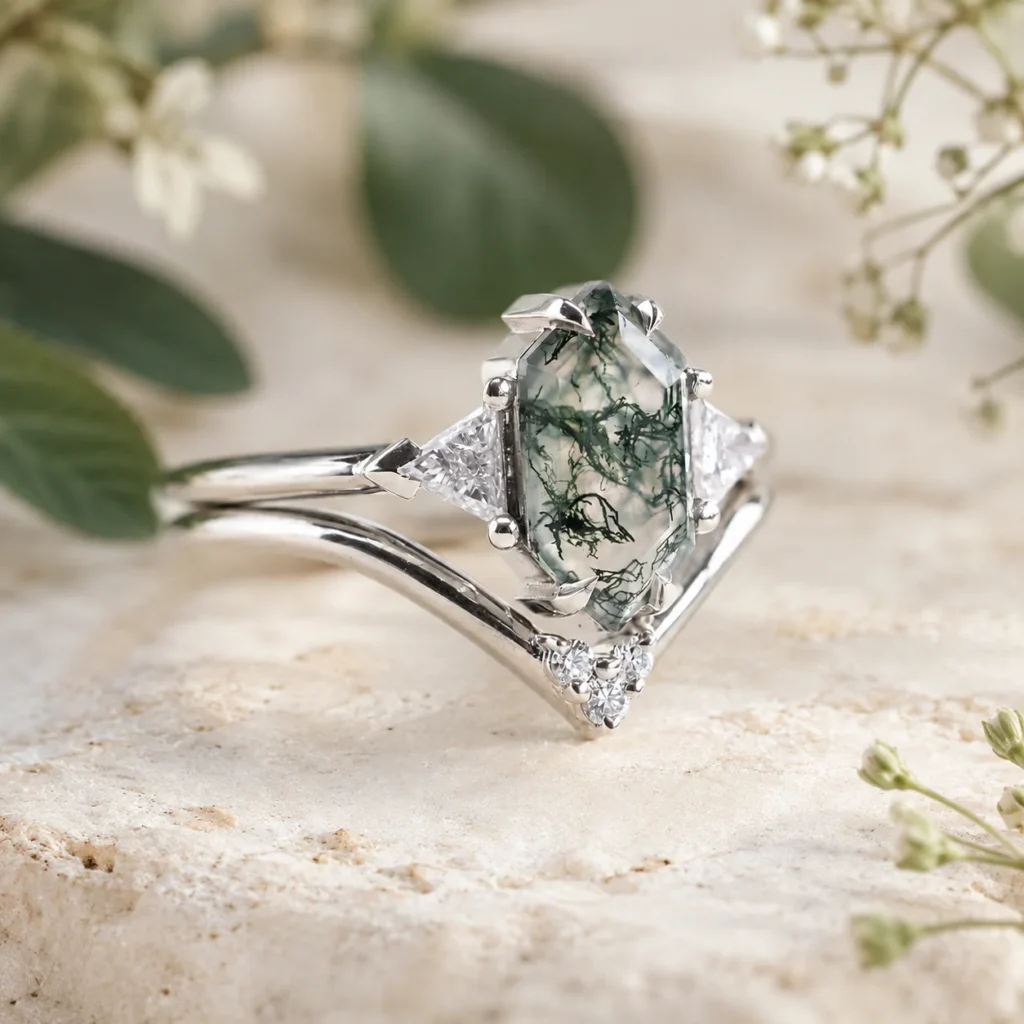 Hayley 1.3 ct Hexagon Moss Agate 2 Ring Set