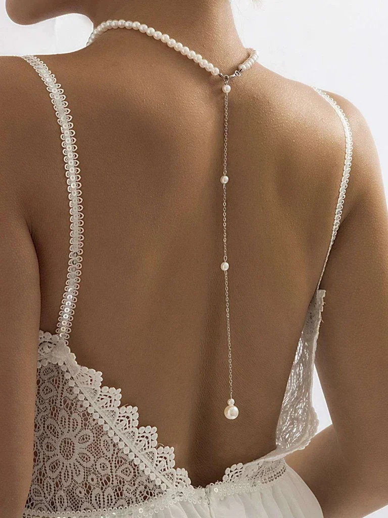White Vintage Pearl Back Drop Chain Necklace
