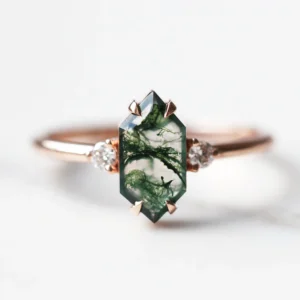 Hayley Hexagon Moss Agate Ring with Diamonds