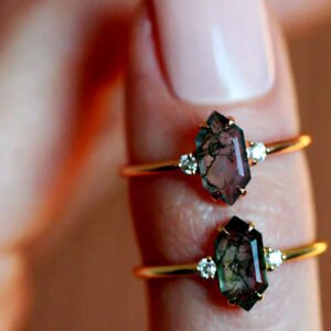 Hayley Hexagon Moss Agate Ring with Diamonds