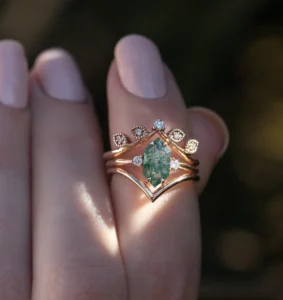 Hayley Hexagon Moss Agate Ring with Diamonds