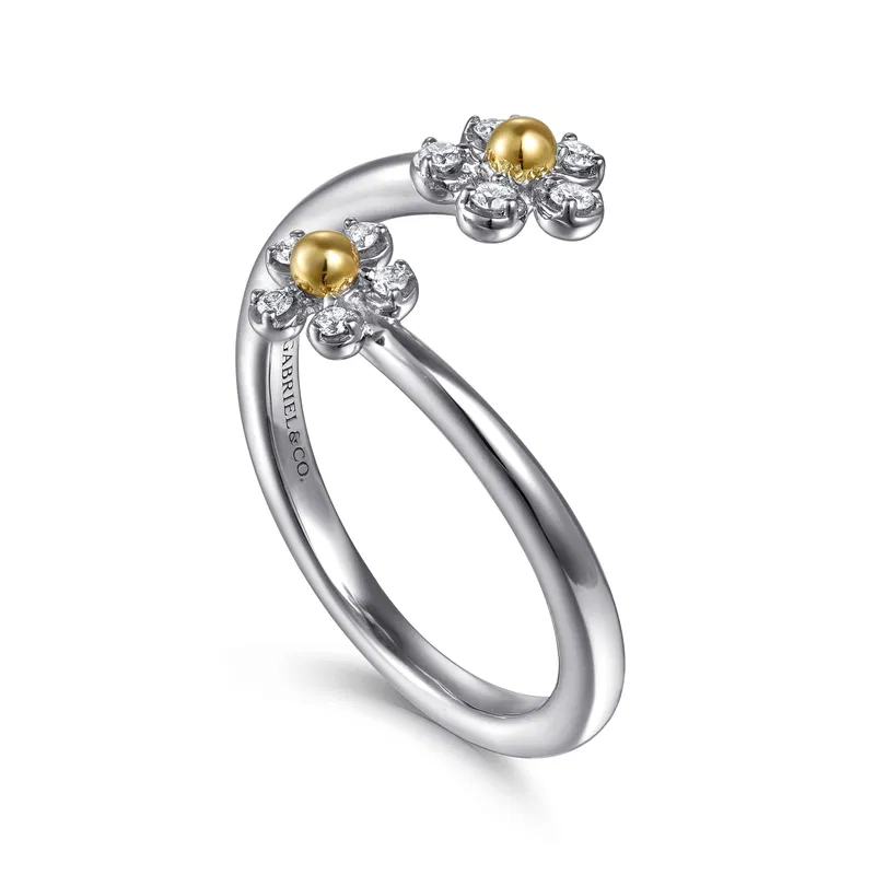 14K-Yellow-Gold-925-Sterling-Silver-Diamond-Flower-Bypass-Ring~LR52855MZ5JJ-3 Diamond Flower Bypass Ring