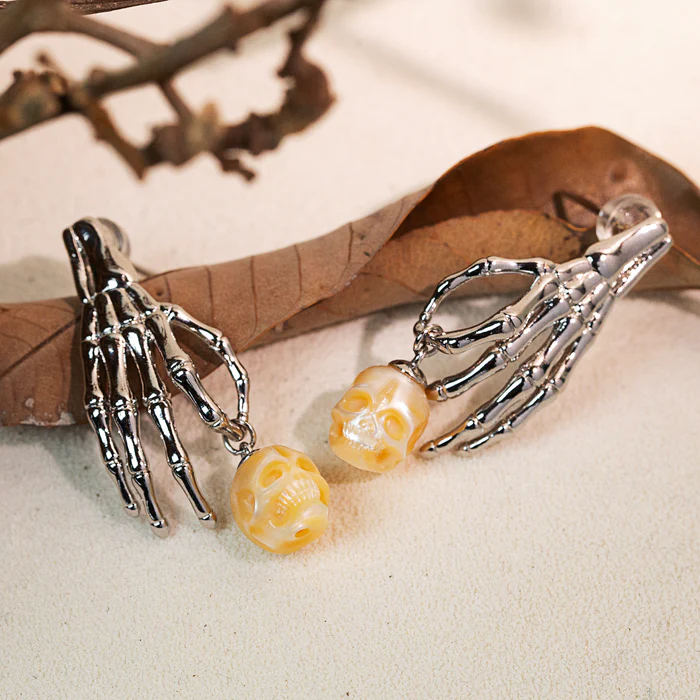 Hand Pearl Skull Dangle Earrings