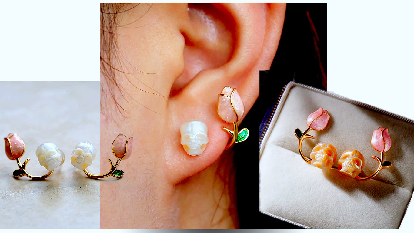 Tulip Pearl Skull Stud Earrings