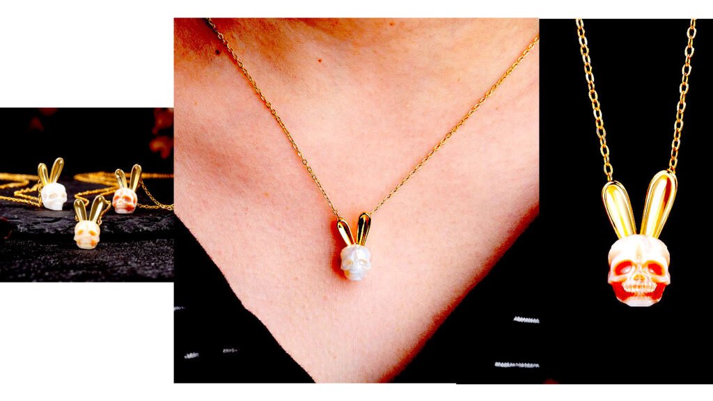 Pearl Skull Gold Bunny Ears Necklace