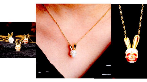 Pearl Skull Gold Bunny Ears Necklace