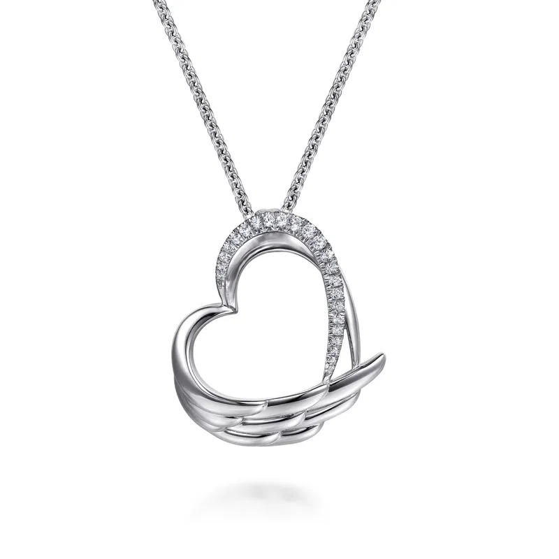 Angel Wing - 925 Sterling Silver White Sapphire Heart Angel Wing Pendant Necklace 2 Angel Wing - 925 Sterling Silver