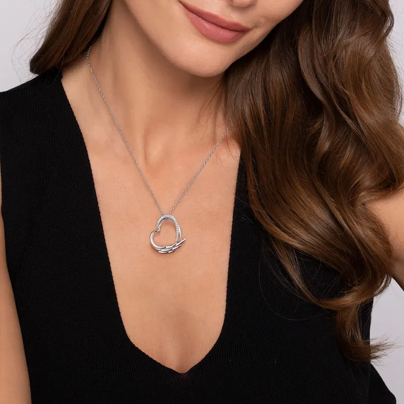 Angel Wing - 925 Sterling Silver White Sapphire Heart Angel Wing Pendant Necklace 4 Angel Wing - 925 Sterling Silver White Sapphire Heart Angel Wing Pendant Necklace