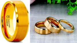 HONOR Gold-Plated Tungsten Beveled Edge Flat Ring with Brushed Center