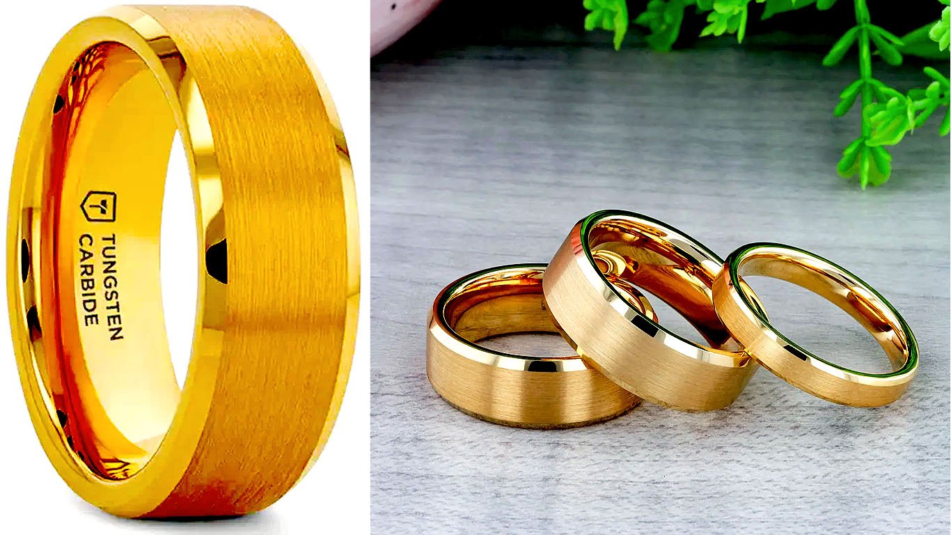HONOR Gold-Plated Tungsten Beveled Edge Flat Ring with Brushed Center