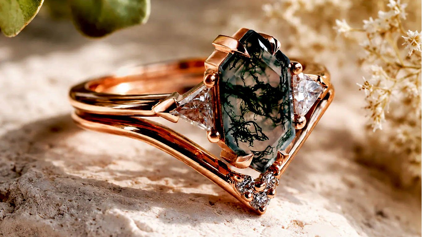 Hayley 1.3 ct Hexagon Moss Agate 2 Ring Set – Diamond Ring Set
