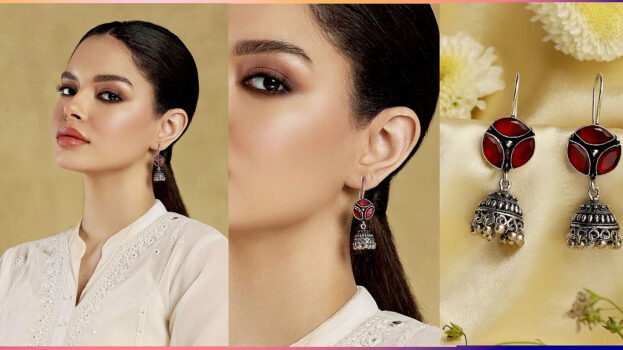 Red & Silver Toned Brass Studded Jhumkas