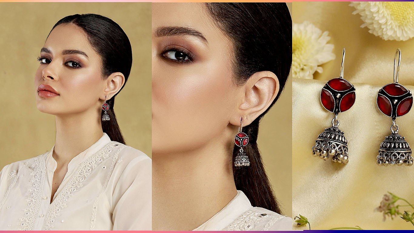 Red & Silver Toned Brass Studded Jhumkas