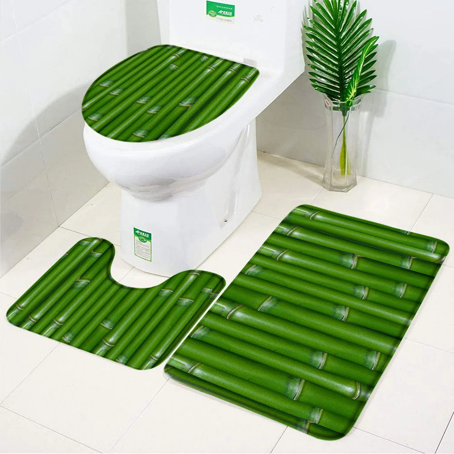 3pcs Set Bamboo Bath Mat Pebble Leaves Elegant Flannel Anti Slip